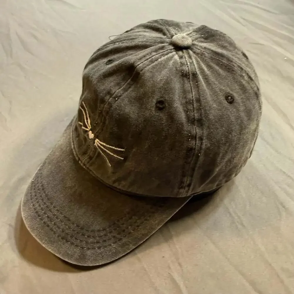 Francesca’s MEOW Cat Whiskers Washed Black Adjustable Dad Hat Distressed